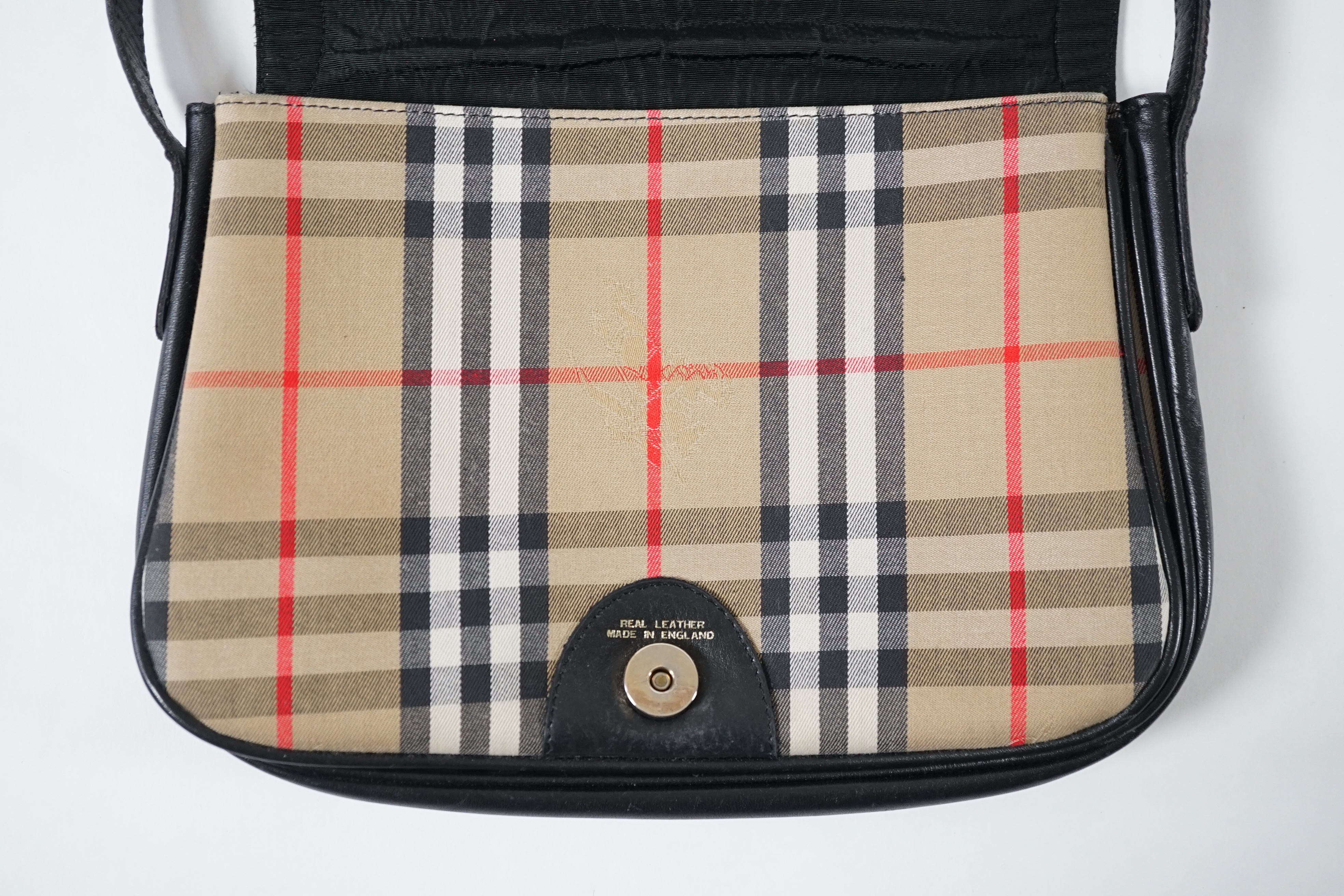 A Burberry London Haystack check black leather handbag, height 21cm, width 28cm, depth 5cm